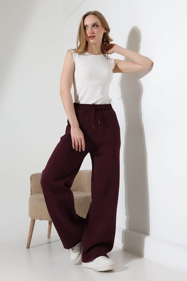 Shardonlu Combed Cotton Compact Wide Leg Winter Palazzo Sweatpants 21776 Mürdüm