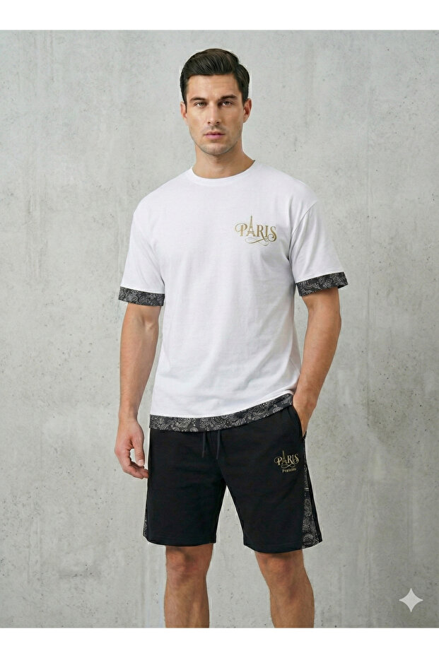 Men's White T-Shirt Black Shorts Set Paris Gold Printed Shawl Pattern Detailed Summer Top and Bottom Set