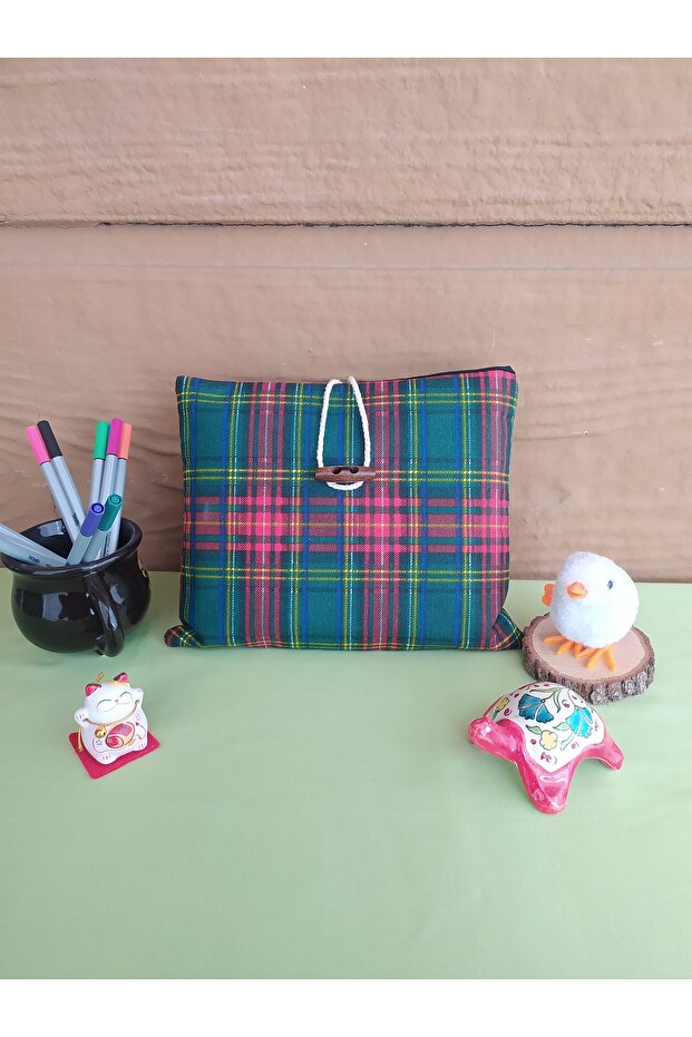 Plaid Fabric Tablet Case Green Red, Wooden Button Book Cover, Handmade Organizer Bag