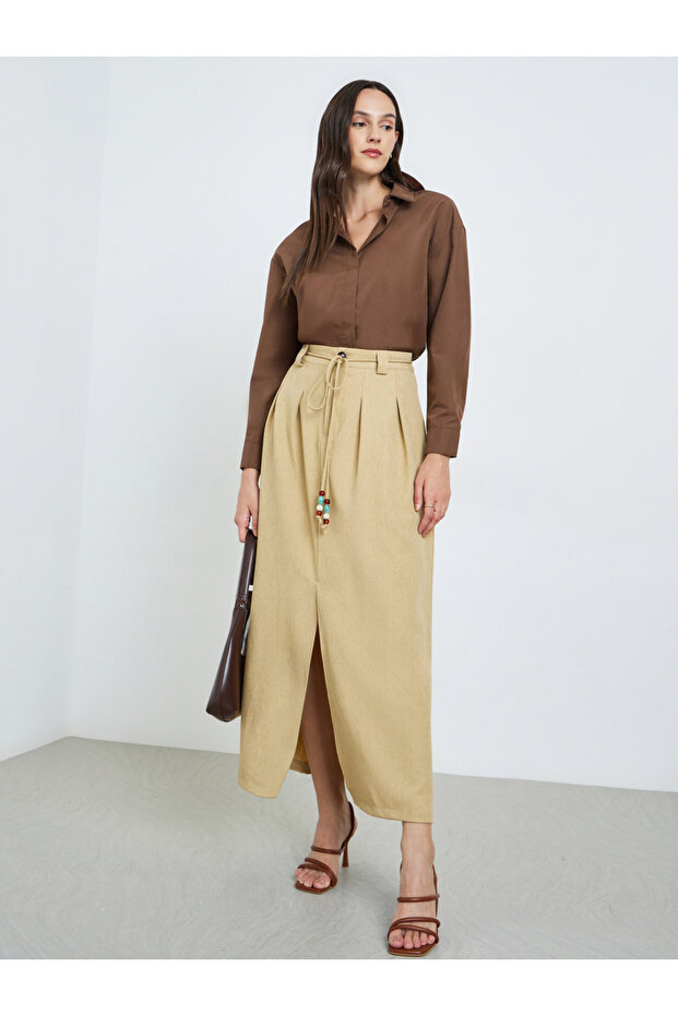 Women's solid Pleated Detail Tie Waist Slit Cut Skirt
