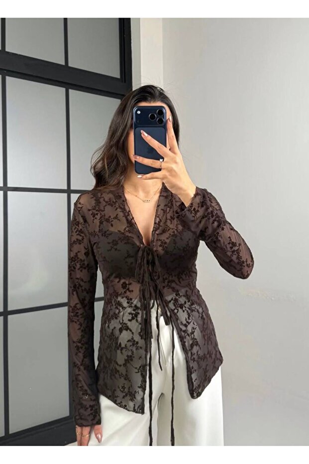 Women's Brown Tie-Up Floral Patterned Transparent Stretchy Blouse