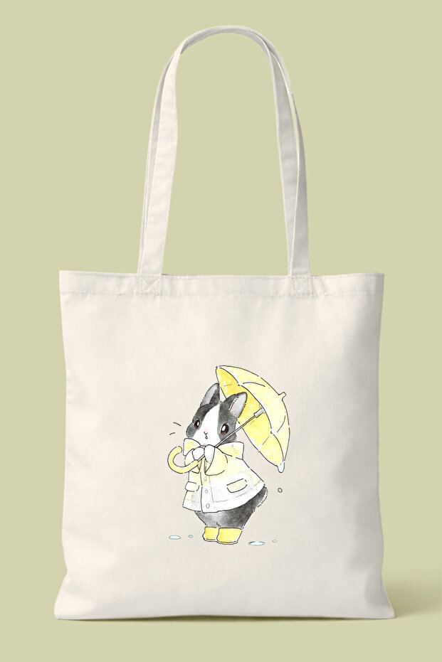 Yellow Umbrella Rabbit Printed Cloth Bag - Daily Shoulder Bag