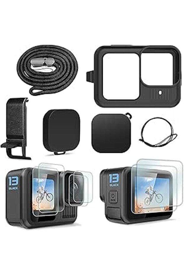 Protective Compatible with GoPro Hero 13 Case Non-Slip Silicone Cover High-Definition Tempered Glass