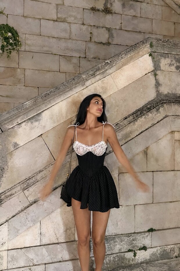 Kadın Askılı Çizgili Mini Elbise - 3