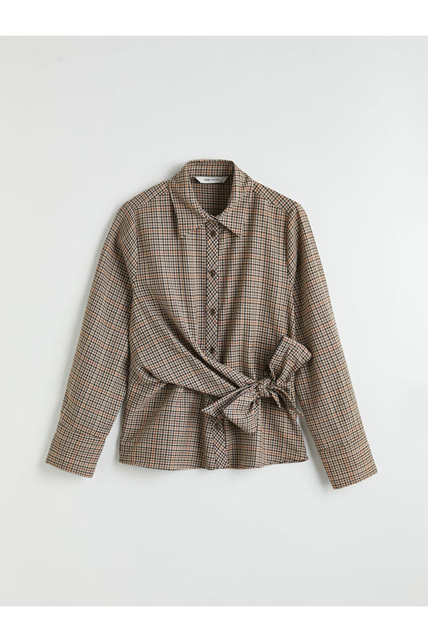 Giyçık Store Brown Plaid Women's Shirt with Tie Detail