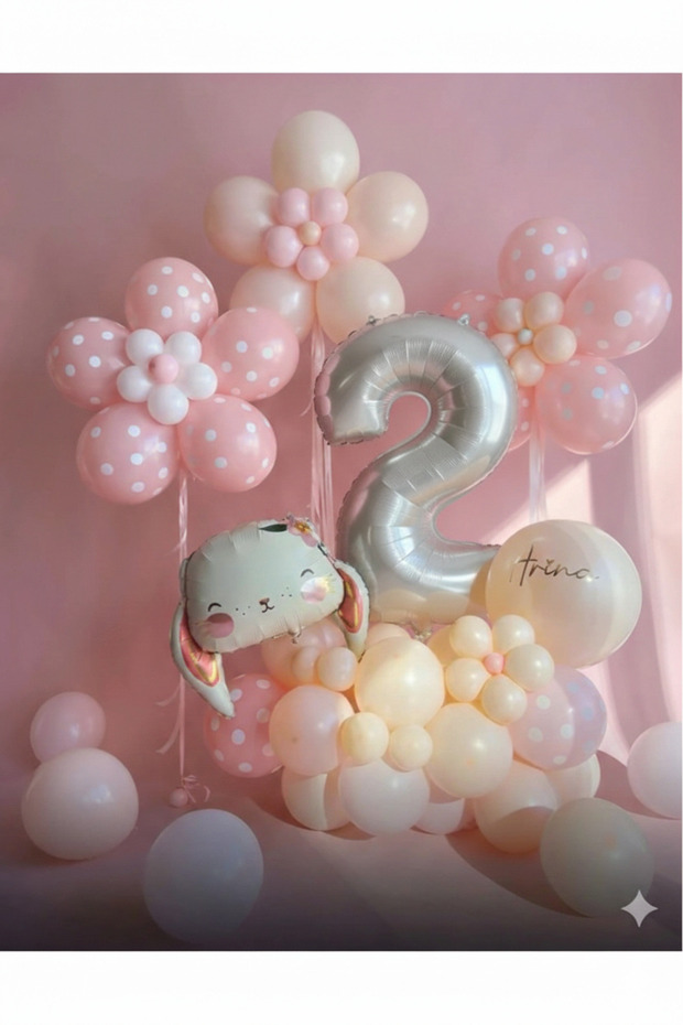Salmon Pink Daisy Foil Balloon Set with Accessories 49 Pieces with Rabbit Balloons