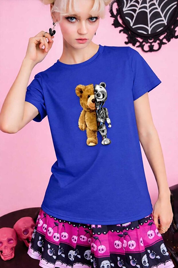Women'S/Girls' Oversize Beige T-Shirt Half Plush Half Robot Teddy Bear Printed Cool Design