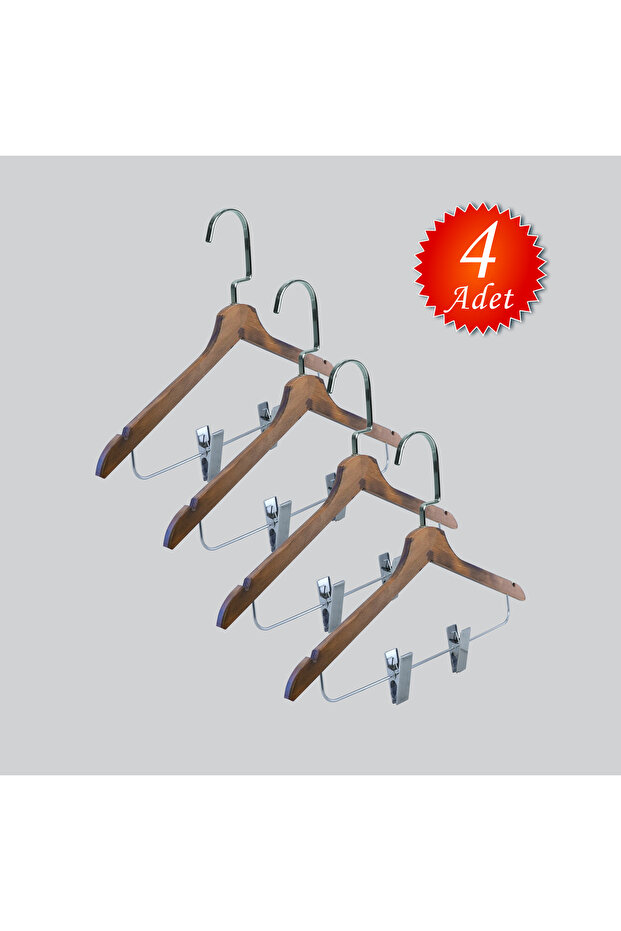 Wooden (Lama Silver Hook) Clothes Hanger, Skirt Hanger Walnut Color 4 Pieces
