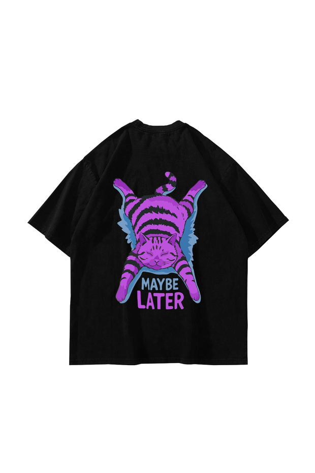 تيشيرت أسود كبير الحجم مطبوع عليه Maybe Later للجنسين