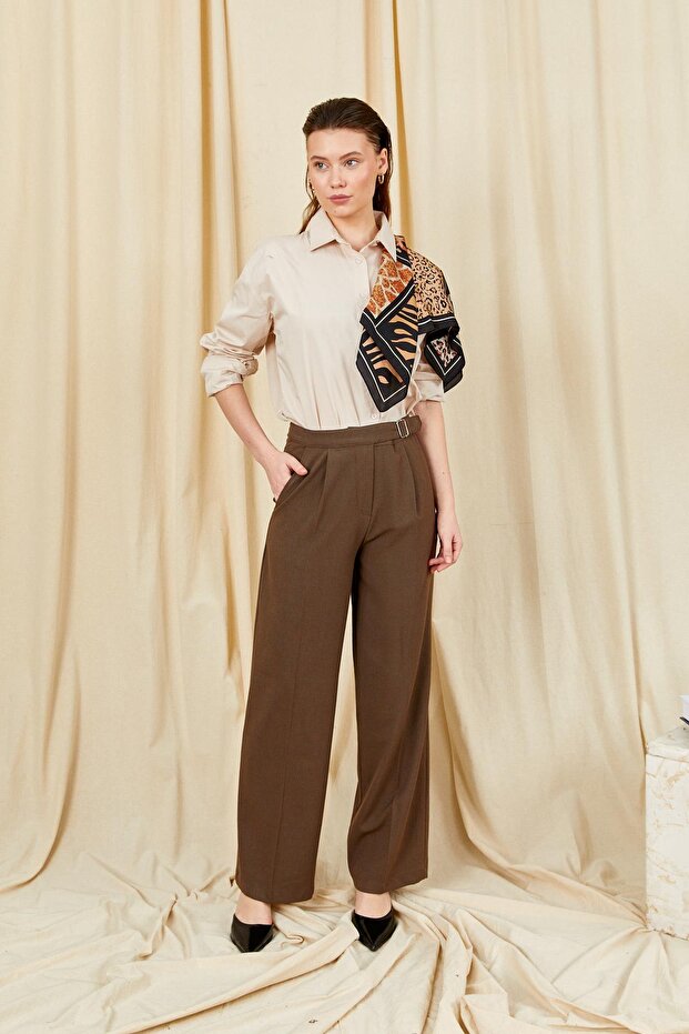 Women's Dark Brown 3522 Loose Cut Trousers with Side Buckle