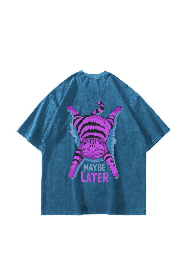 تيشيرت أزرق كبير الحجم مطبوع عليه Maybe Later للجنسين قابل للغسل