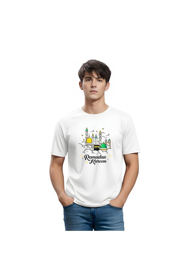Ramadan Mubarak Adult T-Shirt for Men-Round Neck Cotton T-Shirt-Gift for Dad-Him-Ramadan Gift