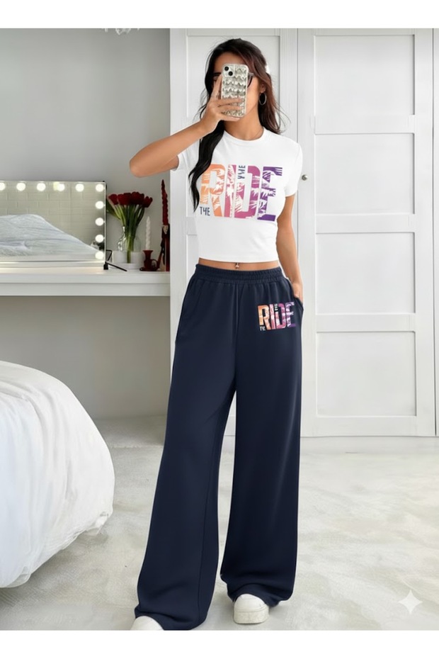 Women's the Rıde Printed Cropped T-Shirt and Wide Leg Baggy Summer Tracksuit Set Bottom-Top
