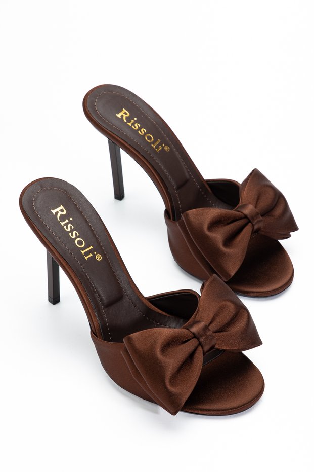 Women's Brown Satin Round Toe Bow-Detail Heeled Sandals