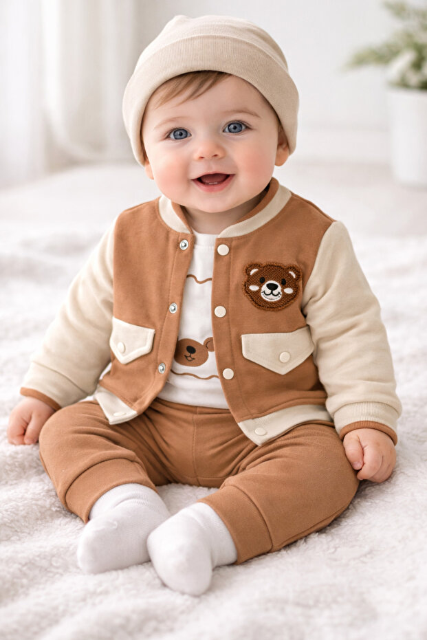 Bear Embroidered 3-Piece Baby Set (Beanie Not Included)