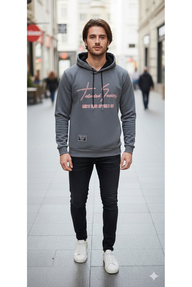 Gray Smoked Hooded Sweatshirt with Emblem and Lettering Details