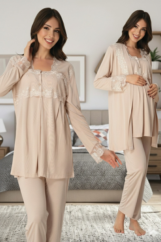 Lace Dressing Gown Cotton Long Sleeve Maternity Pajama Set