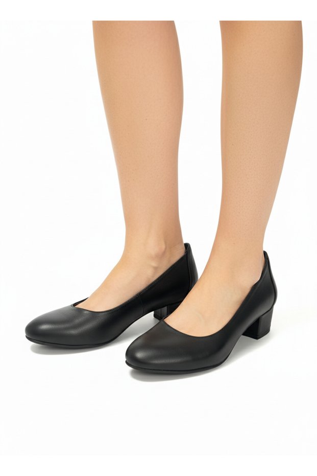 Black Genuine Leather Short Heeled Casual Women's Shoes