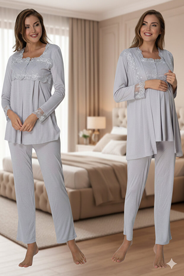 Lace Dressing Gown Cotton Long Sleeve Maternity Pajama Set
