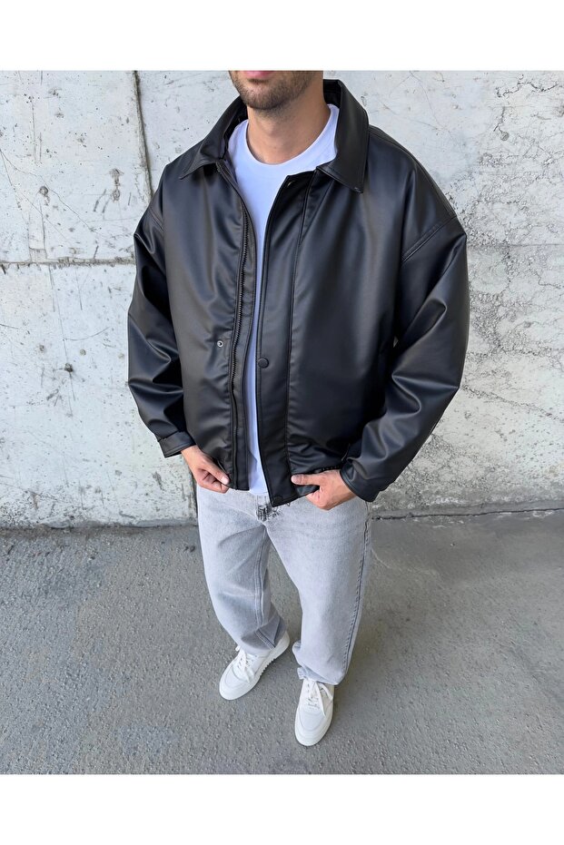 Men's Black Button Detail Bomber Leather Jacket