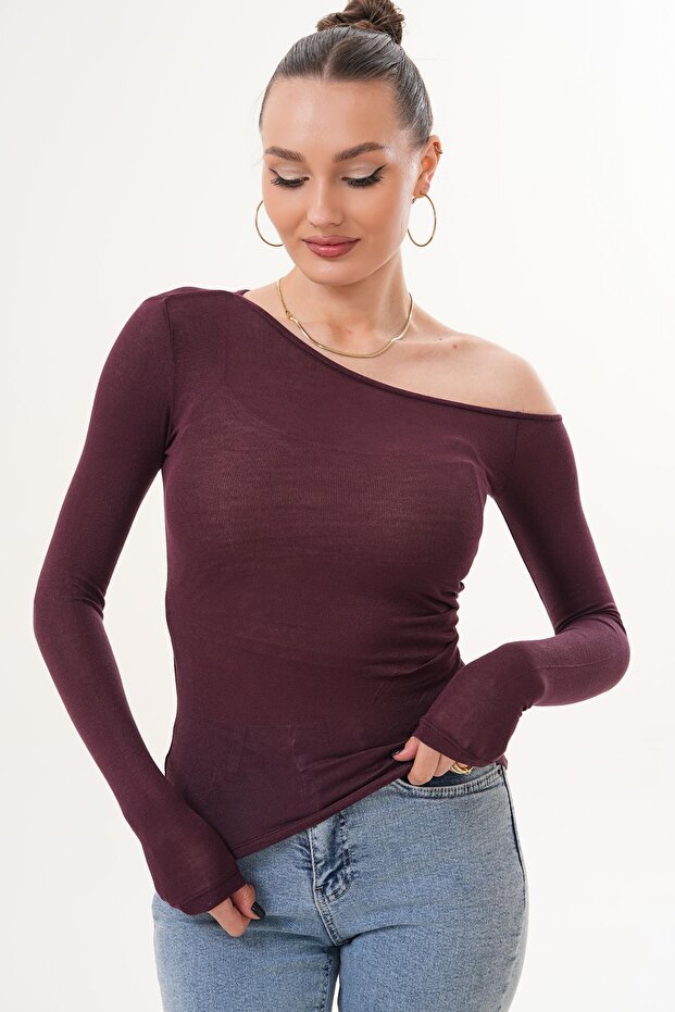 Women's Gathered Detailed Boat Neck Transparent Blouse 260275 -