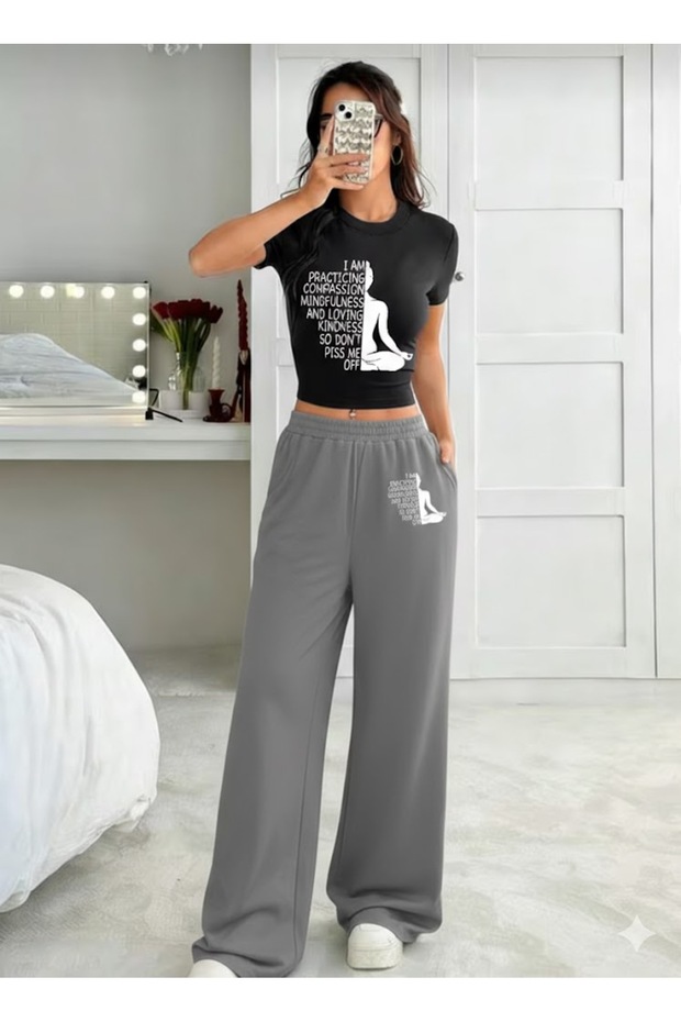 Women's Yoga Instructor Printed Cropped T-Shirt and Wide Leg Baggy Summer Tracksuit Set Bottom-Top