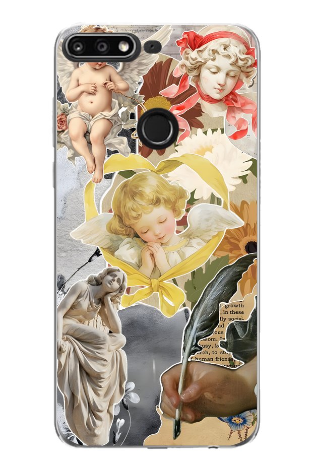 Huawei Y7 2018 Compatible Angel and Sculpture Collage Pattern Transparent Phone Case
