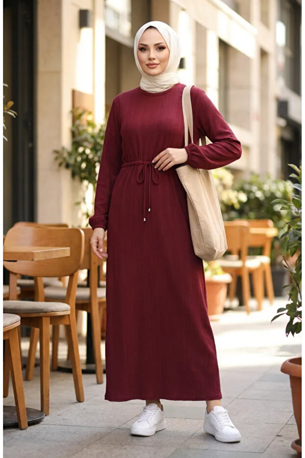 Drawstring Waist Ribbed Hijab Dress 2227-01 Claret Red