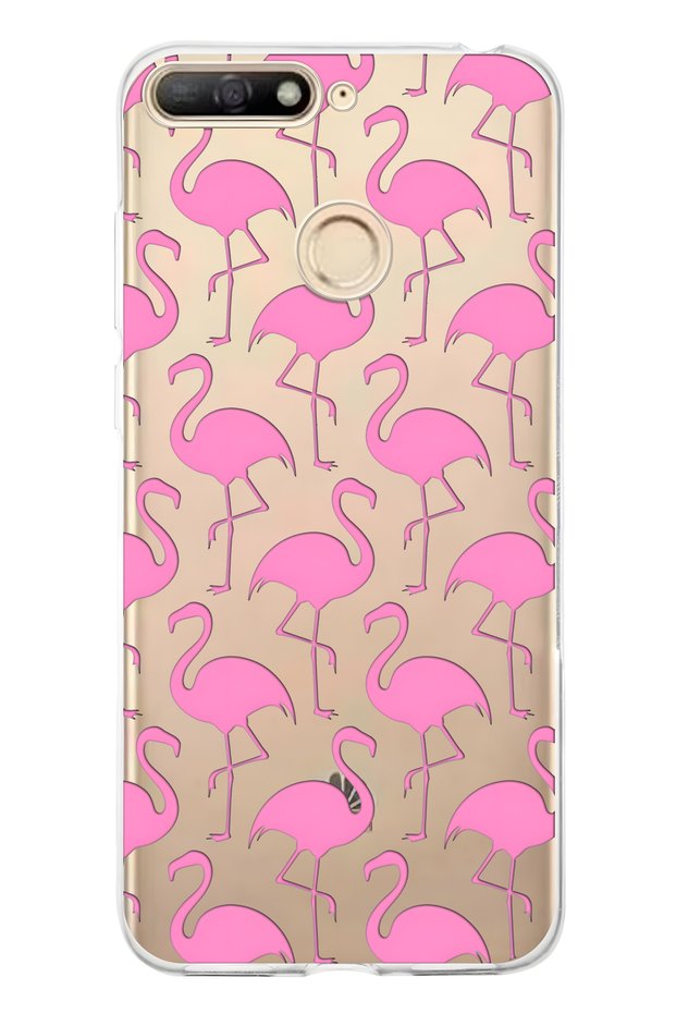 Huawei Y6 2018 Compatible Flamingo Patterned Transparent Phone Case