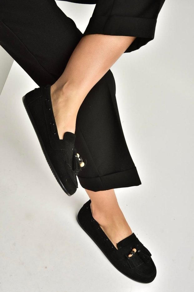 Y602347002 Black Suede Tasseled Women's Casual Shoes