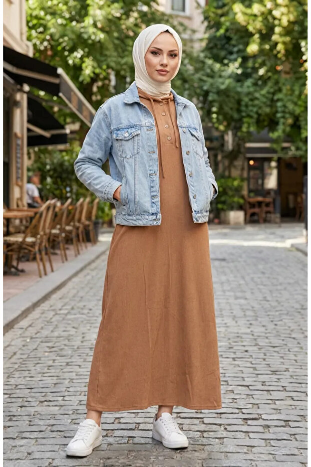 Corded Buttoned Hijab Dress 2231-01 Milky Coffee
