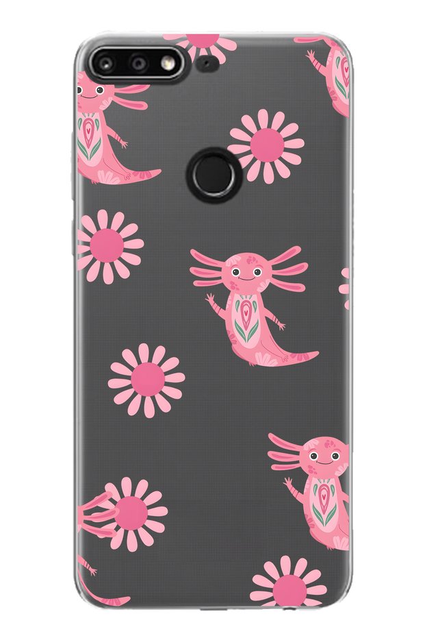 Huawei Y7 2018 Compatible Pink Axolotl Pattern Transparent Phone Case