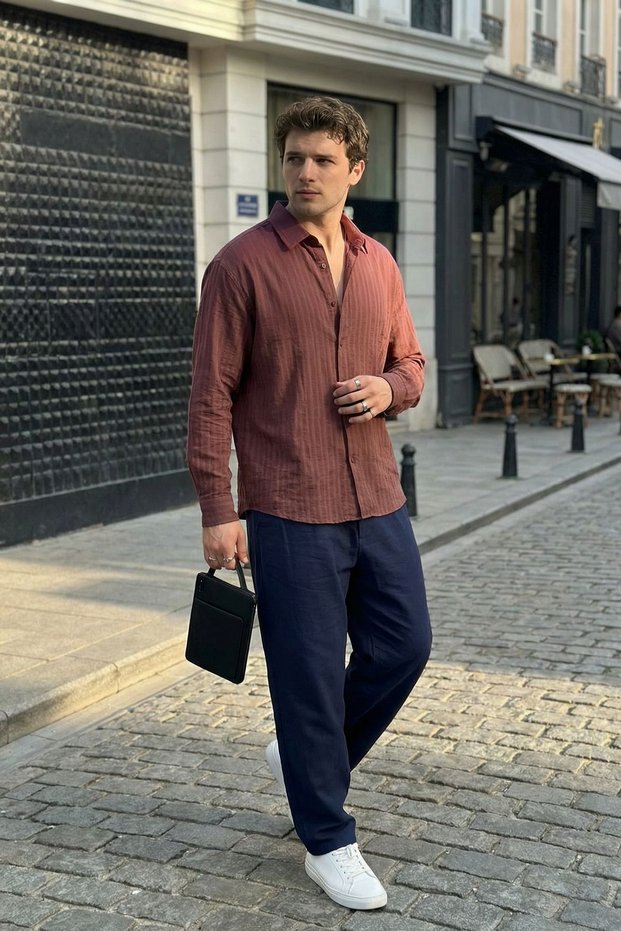 Portela Men's 100% Cotton Premium Oversize Men's Burgundy Shirt