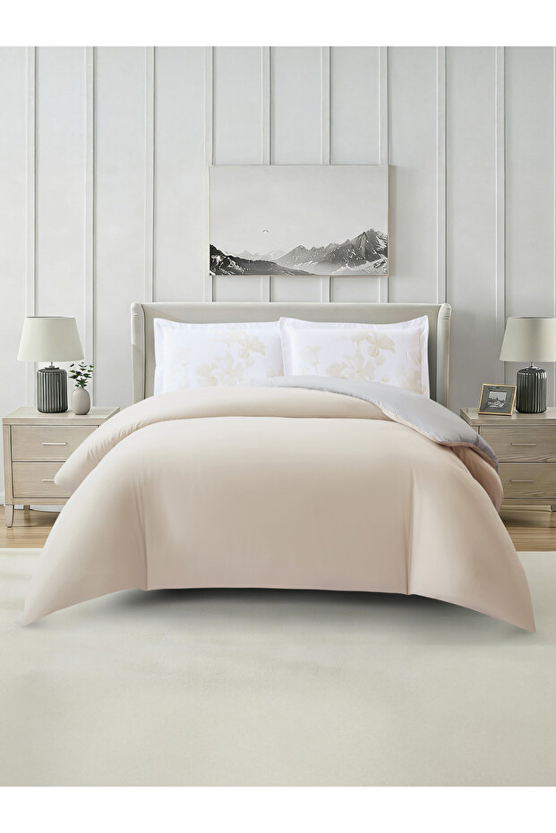 Solid 4Pc Duvet Cover Set, Queen Size 200×230cm, Brushed Microfiber, Printed Shams,(Without Filler)
