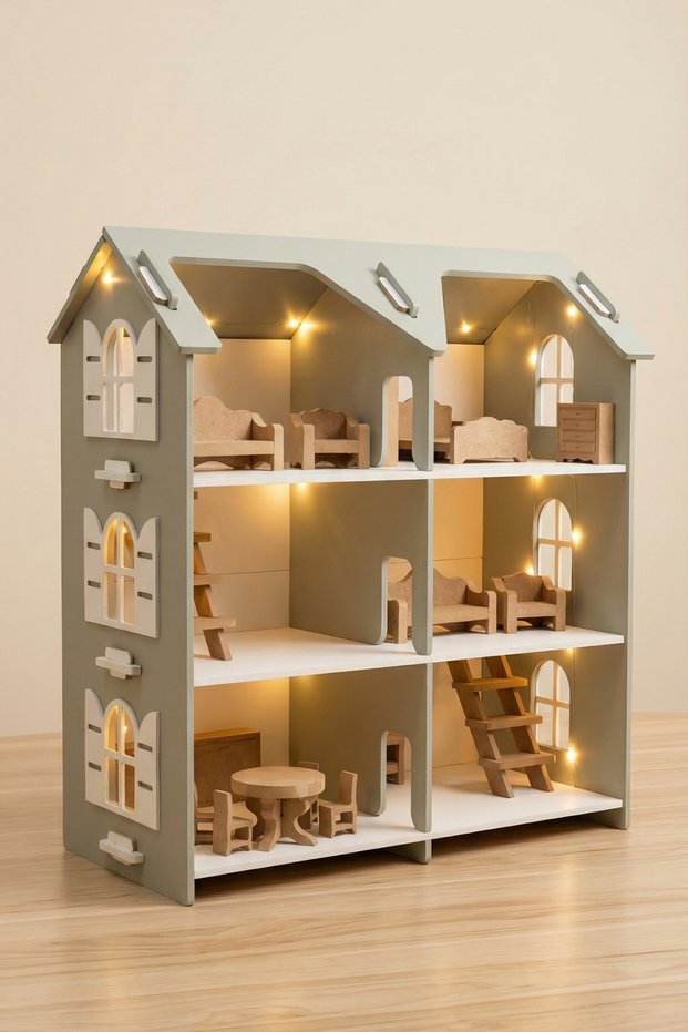 LED Lighted Wooden Toy House | 3-Story Green Montessori Dollhouse