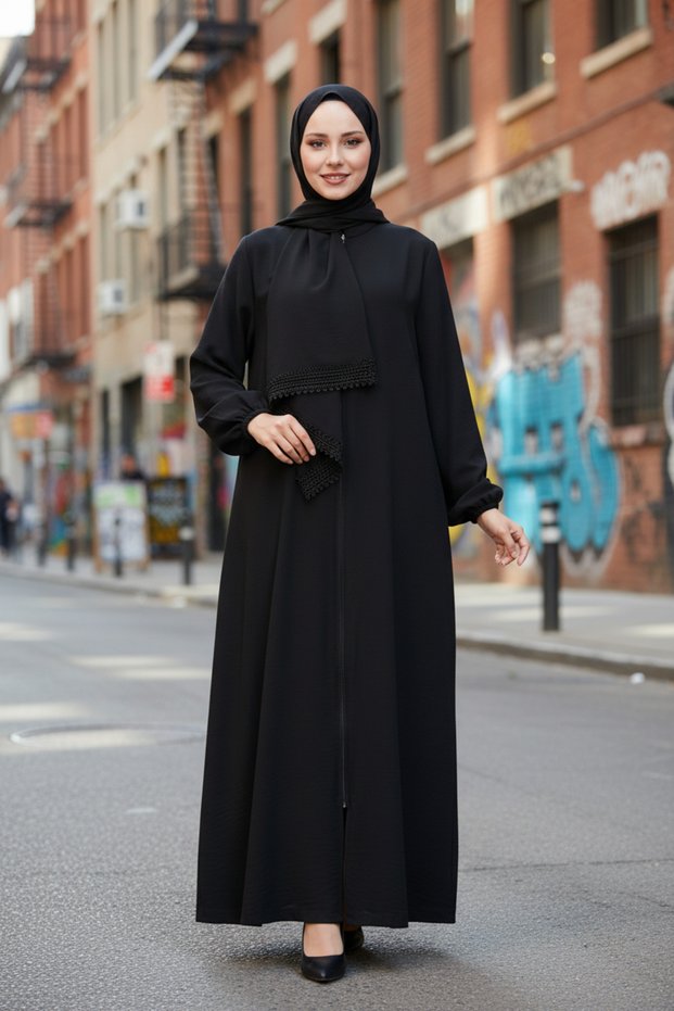 Women's Hijab Prayer Dress with Shawl Ferace-Elbise Alinay-Ra61420 Black