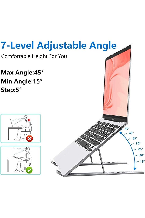 Adjustable Laptop Stand, Aluminum Alloy, Portable Foldable Design, Silver, Ergonomic Multi-Angle