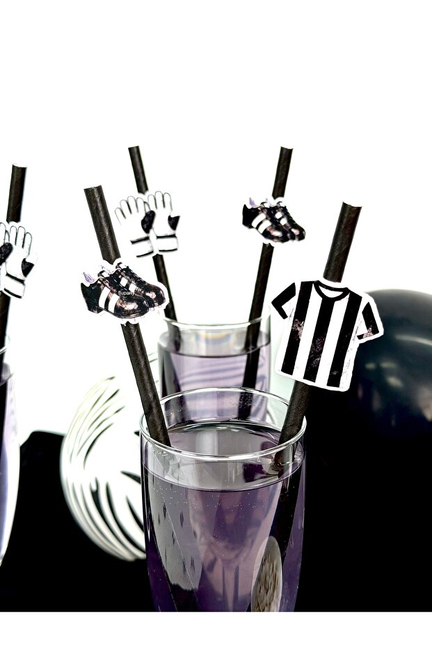 Black - White - Football Themed Straws with Figures (12 Pieces)