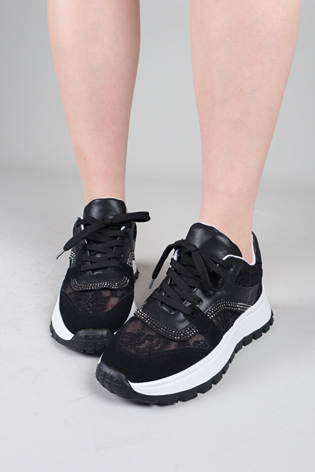 Rara Stone and Tulle Detailed Sneakers Black