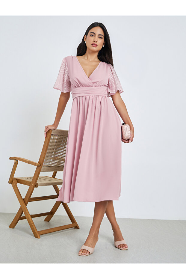 Pink Printed Short Sleeves A-Line Midi Dress