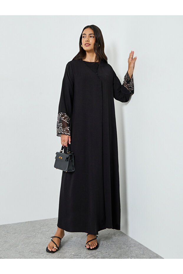 Black Embroidered Sleeve Cuff A-Line Abaya