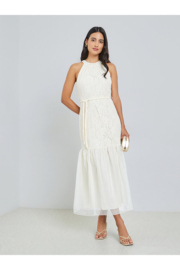 White Lace Sleeveless Ruffled Hem Maxi Dress