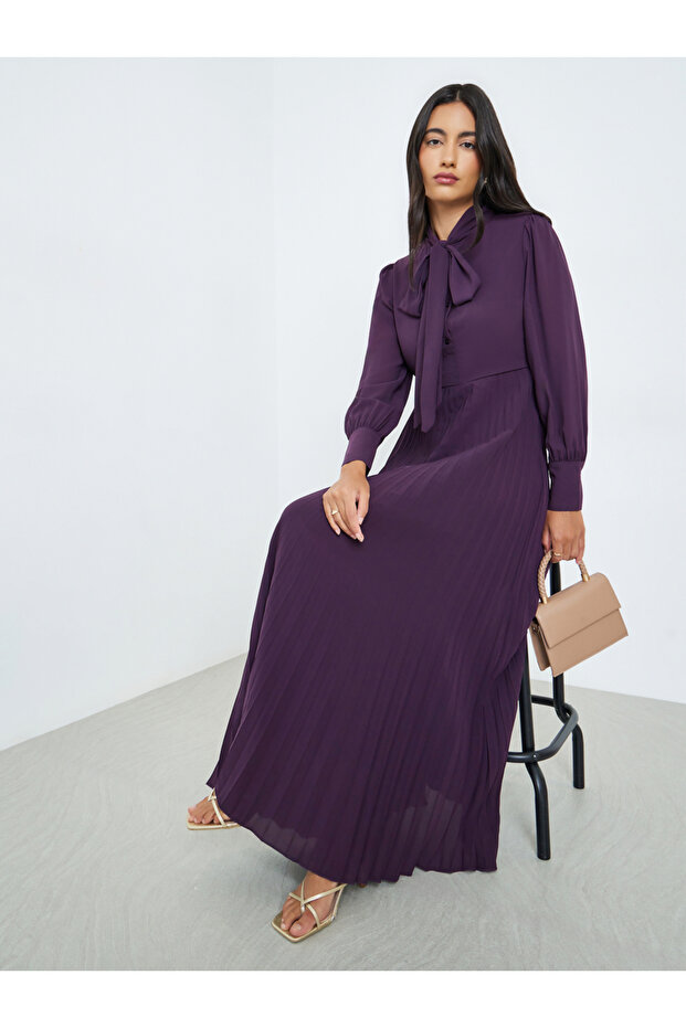 Purple Pleated Maxi Dress with Bow Tie
