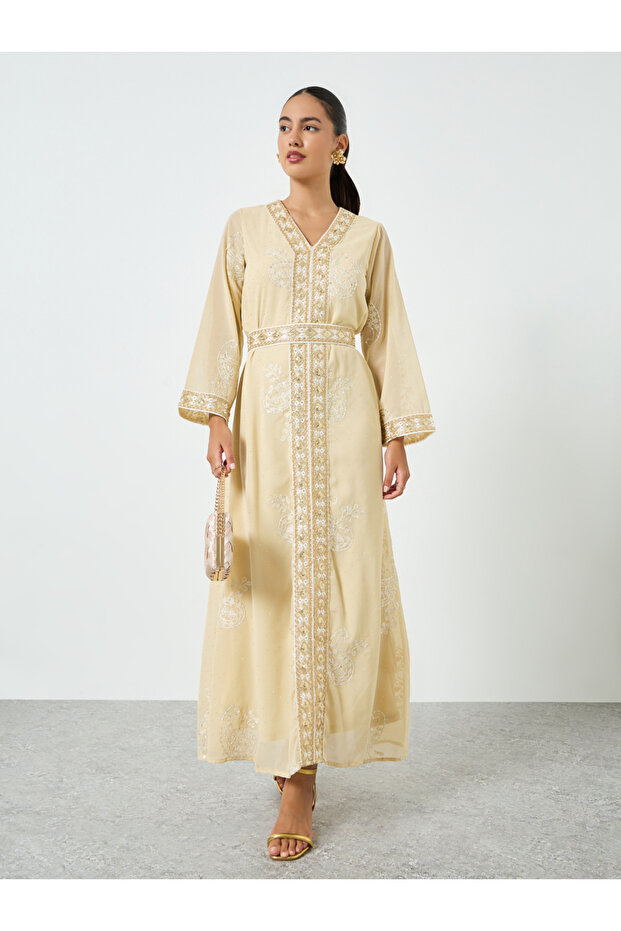 Yellow Sequin Embroidered Jalabiya with Tie Belt
