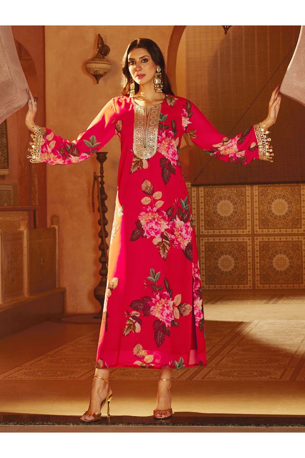 Red Floral Embroidered Neck Abaya Dress