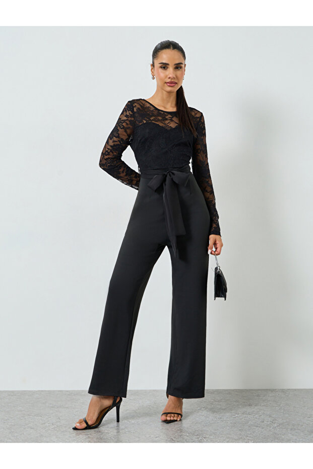 Black Straight Leg Evening Jumpsuit with Lace Sleeves