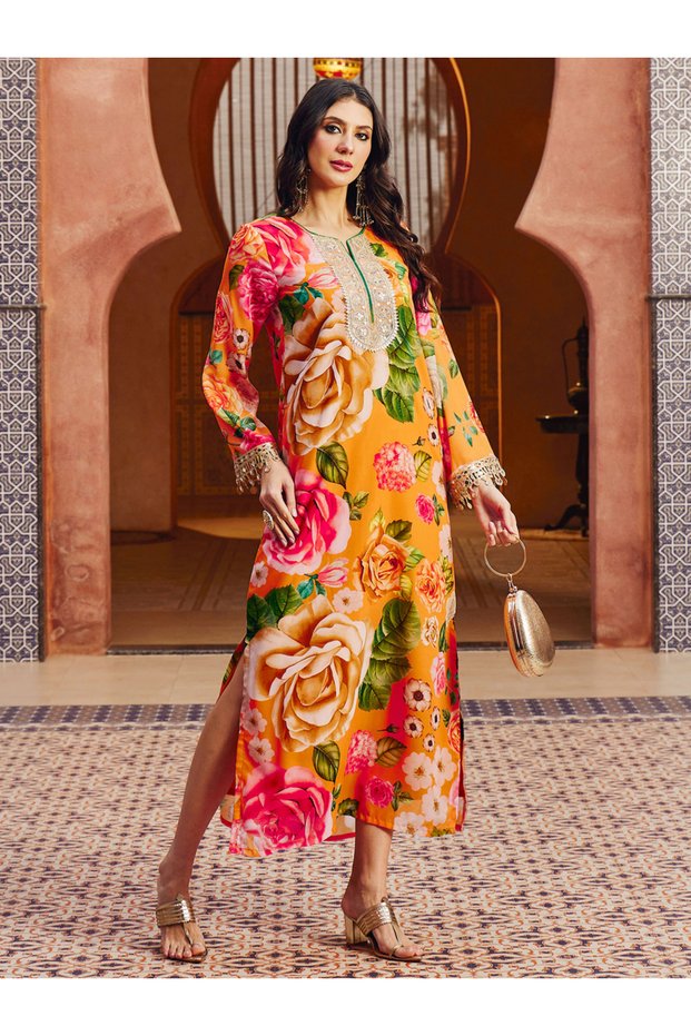 Floral Print Embroidered Neck Abaya Dress