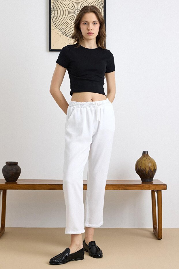 Lace Detailed Elastic Waist Soft Denim Trousers White 7586