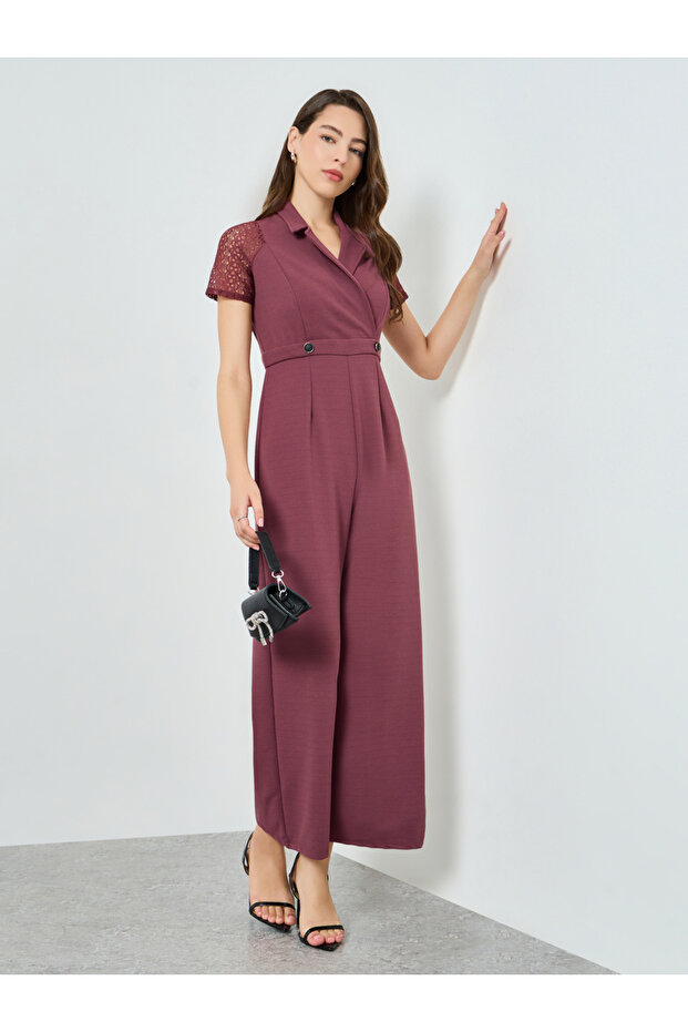 Pink Lace Sleeve Wide Leg Jumpsuit