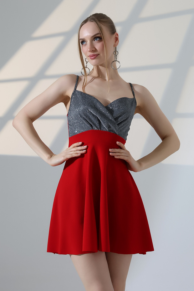 Shiny Textured V-Neck Strappy Mini Dress